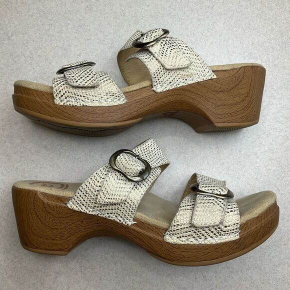 Dansko Sophie Sandal 38 White & Metallic Gold Snakeskin Slip On Open‎ Toe - Picture 4 of 9